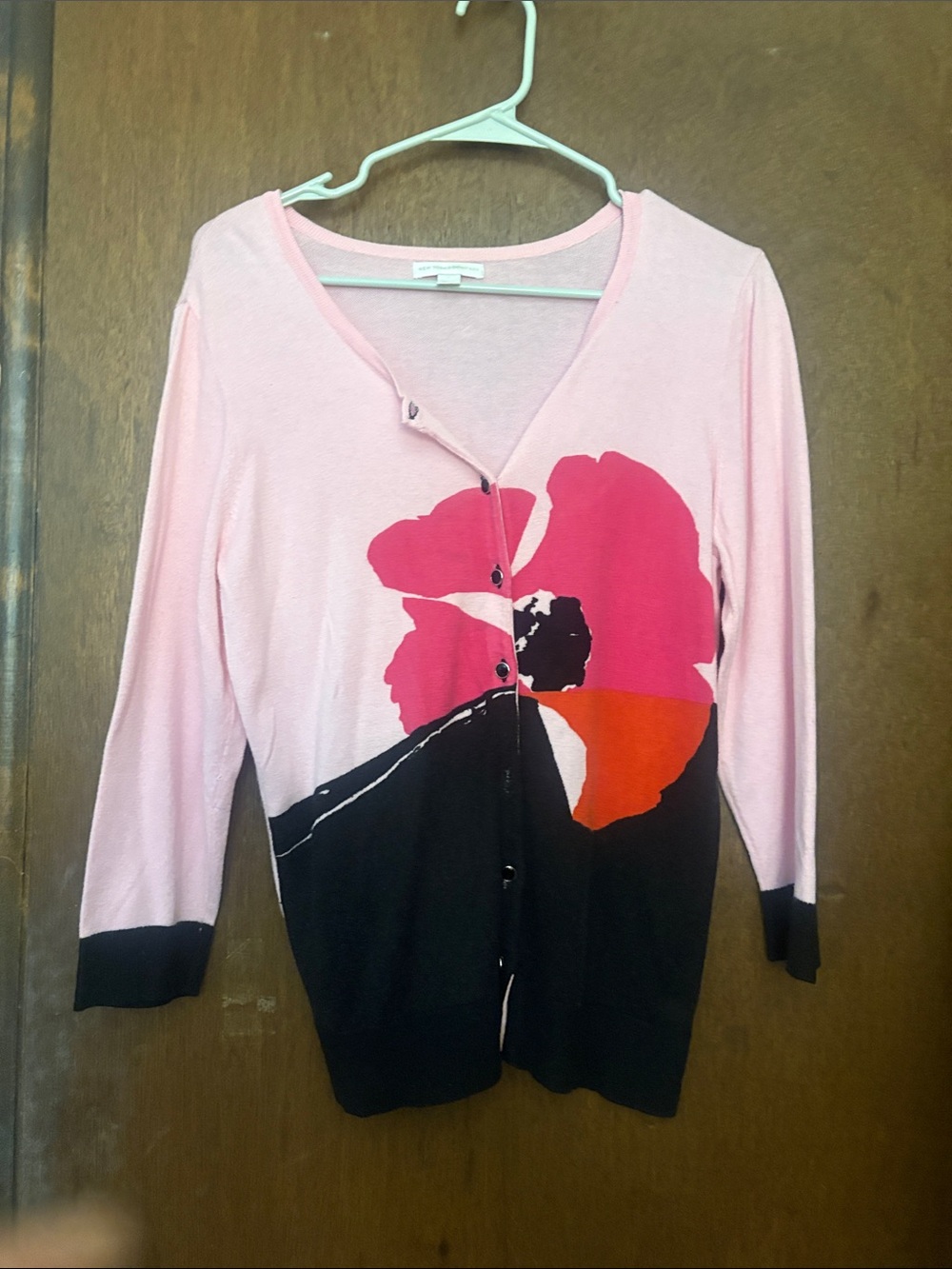 New York & Company Pink Floral Button-Front Cardigan with Black Contrast